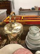 A 19th CENTURY SILVER PLATED KETTLE ON STAND, FOUR ISIS OXFORD CANDLESTICKS, AND OTHER CHINA WARES.