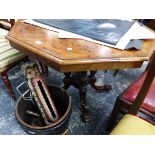 A VICTORIAN BURR WALNUT OCTAGONAL TABLE SUPPORTED ON FOUR COLUMNS AND SWEPT LEGS WITH WHITE