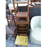 AN ARTS AND CRAFTS OAK TWO TIER TABLE WITH SINGLE DRAWER, A THREE TIER TABLE, A MAGAZINE RACK AND AN