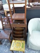 AN ARTS AND CRAFTS OAK TWO TIER TABLE WITH SINGLE DRAWER, A THREE TIER TABLE, A MAGAZINE RACK AND AN