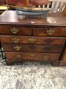 AN 18th C. WALNUT CHEST OF TWO SHORT AND THREE LONG DRAWERS ON BRACKET FEET. W 94 x D 48 x H 85cms.