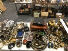 AN EXTENSIVE COLLECTION OF SILVER PLATED WARES, BRASS WARES, CUTLERY, A DESK STAND, AND A HALLMARKED