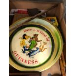 TWO VINTAGE GUINNESS ADVERTISING TRAYS, TWO CIGARETTE BOXES, VINTAGE TOYS, A SILVER MOUNTED