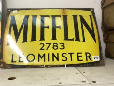 A VINTAGE ENAMEL SIGN, MIFFLIN 2783 LEOMINSTER.