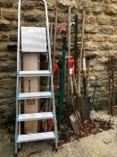 QUANTITY OF GARDEN TOOLS, STRIMMER, STEP LADDER ETC