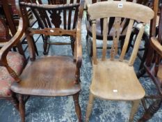 AN UNUSUAL OXFORD TYPE YEW ELBOW CHAIR WITH CURVED ROPE CENTRED TOP RAIL TOGETHER WITH A SADDLE SEAT