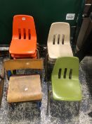 EIGHT STACKING PLASTIC CHILDRENS CHAIRS TOGETHER WITH A STACK OF FOUR PLYWOOD CHILDRENS CHAIRS