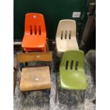 EIGHT STACKING PLASTIC CHILDRENS CHAIRS TOGETHER WITH A STACK OF FOUR PLYWOOD CHILDRENS CHAIRS