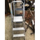 QUANTITY OF STEP LADDERS, TWO TOOL BOXES, AXLE STANDS ETC