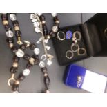 VARIOUS SILVER AND OTHER DRESS RINGS, COSTUME BEADS, BANGLES, BRACELETS ETC.