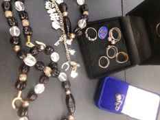 VARIOUS SILVER AND OTHER DRESS RINGS, COSTUME BEADS, BANGLES, BRACELETS ETC.