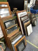 A VICTORIAN GILT FRAMED OVER MANTLE MIRROR AND A LARGE QUANTITY OF LATER MIRRORS OF VARIOUS SIZES.