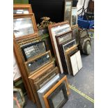 A VICTORIAN GILT FRAMED OVER MANTLE MIRROR AND A LARGE QUANTITY OF LATER MIRRORS OF VARIOUS SIZES.