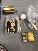 A QUANTITY OF VARIOUS WORLD COINS AND BANKNOTES, ORIENTAL INK BLOCKS, SILVER TEASPOONS,
