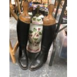 A PAIR OF VINTAGE RIDING BOOTS AND A LARGE TABLE LAMP.