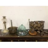 THREE TABLE LAMPS, A MOULDED WALL PLAQUE, A JAM PAN AND OTHER DECORATIVE ITEMS