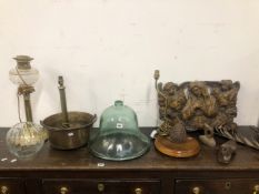 THREE TABLE LAMPS, A MOULDED WALL PLAQUE, A JAM PAN AND OTHER DECORATIVE ITEMS