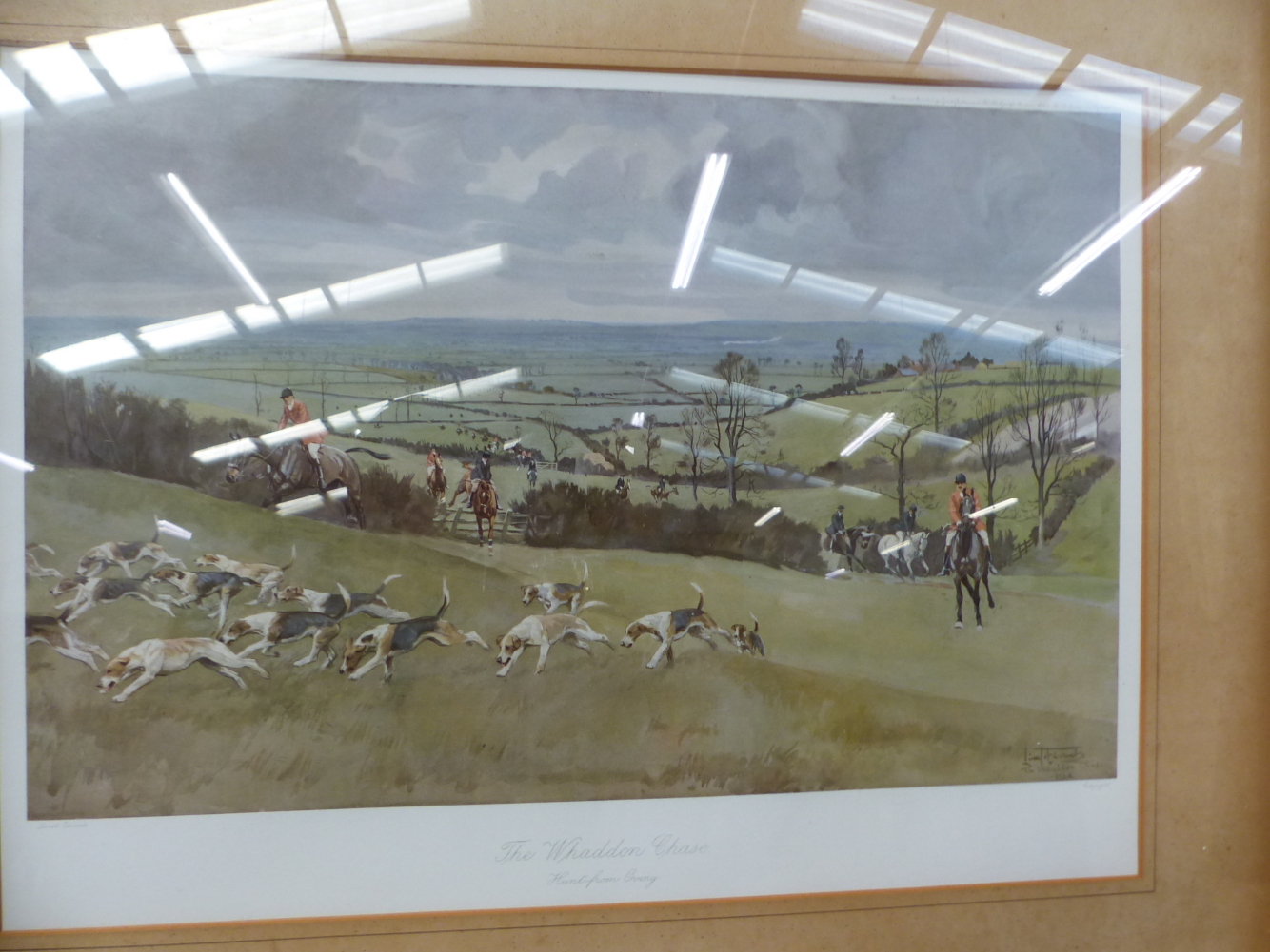 AFTER F.A. STEWART. A PENCIL SIGNED VINTAGE COLOUR PRINT OF A HUNT SCENE. 24 x 64cms. TOGETHER - Image 5 of 10