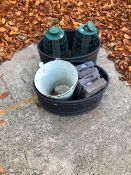 TWO PLASTIC PLANTERS, BUCKETS, BIRD FEEDERS ETC