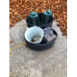 TWO PLASTIC PLANTERS, BUCKETS, BIRD FEEDERS ETC