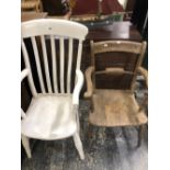 AN OXFORD ELBOW CHAIR STAMPED JN TOGETHER WITH A WHITE PAINTED KITCHEN ELBOW CHAIR WITH BROAD CURVED