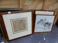 TWO ORIENTAL WATERCOLOURS, TOGETHER WITH AN ANTIQUE MAP OF NORTHAMPTONSHIRE AND OTHER DECORATIVE