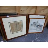 TWO ORIENTAL WATERCOLOURS, TOGETHER WITH AN ANTIQUE MAP OF NORTHAMPTONSHIRE AND OTHER DECORATIVE