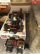 A REMOTE CONTROL TAMIYA CAR BUGGY, A PINE BOX AND A FURTHER TOY.