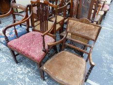 A LATE 17th C. WALNUT CANED BACK CHAIR WITH A RUSH SEAT TOGETHER WITH THREE LATE MAHOGANY ELBOW