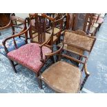 A LATE 17th C. WALNUT CANED BACK CHAIR WITH A RUSH SEAT TOGETHER WITH THREE LATE MAHOGANY ELBOW