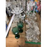 A CUT GLASS TABLE CANDELABRA AND ONE OTHER, TOGETHER WITH VARIOUS LIGHT SHADES