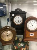 A MAPPIN AND WEBB MAHOGANY MANTEL CLOCK, A SLATE MANTLE CLOCK AND A BAKELITE MANTEL CLOCK.