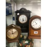 A MAPPIN AND WEBB MAHOGANY MANTEL CLOCK, A SLATE MANTLE CLOCK AND A BAKELITE MANTEL CLOCK.