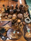 A PAIR OF EASTERN INLAID PANELS AND VARIOUS TREEN BOXES.