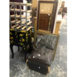 THREE MIRRORS, A STOOL, PAINTED SMALL CHEST, WINE RACK ETC.