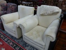 TWO SIMILAR ARMCHAIRS UPHOLSTERED IN WHITE