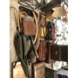 A COLLECTION OF ANTIQUE BOXES, A SMALL GUILLOTINE, A WHITE HORSE WHISKEY ADVERTISING COAT HANGER,
