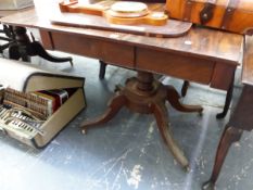 A 19th C. MAHOGANY SOFA TABLE WITH ROUNDED FLAPS, TWO CONCEALED DRAWERS, TURNED COLUMN ON FOUR