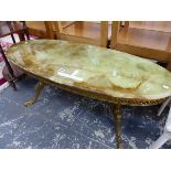 A GREEN AGATE OVAL TOPPED COFFEE TABLE. W 112 x D 50 x H 45.5cms. TOGETHER WITH A 20th C. MAHOGANY