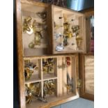 A WOODEN JEWELLERY CASE CONTAINING VARIOUS CUFFLINKS, WATCHES AND TIE SLIDES, TOGETHER WITH A