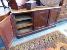 A 19th C. MAHOGANY SIDE CABINET WITH TWO DOORS FLANKING A CENTRAL PANEL ABOVE THE PLINTH FOOT. W 137