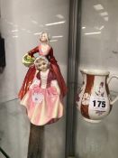 A 19th. C. SPARROW BEAK SMALL JUG AND TWO DOULTON FIGURINES, JANET AND DINKY DO.