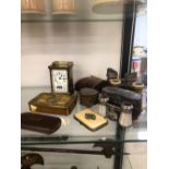 A SMALL BRASS CASED CARRIAGE CLOCK, FOUR PAIRS OF BINOCULARS, A 1914 CHRISTMAS TIN ETC.