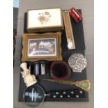 COLLECTABLE'S TO INCLUDE JEWELLERY CASES, STANDS, A DECORATIVE MAGNIFYING GLASS ETC