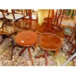 THREE VINTAGE WINE TABLES, FOUR COFFEE TABLES, A FOLDING CAKE STAND, AND TWO FOOT STOOLS.