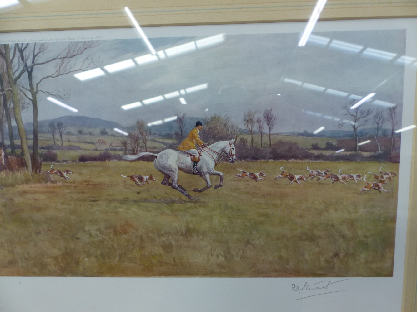 AFTER F.A. STEWART. A PENCIL SIGNED VINTAGE COLOUR PRINT OF A HUNT SCENE. 24 x 64cms. TOGETHER - Image 4 of 10