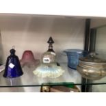 TWO VINTAGE GLASS LIGHT SHADES, AN OVERLAY GLASS STOPPERED BOTTLE, A POWDER JAR ETC.