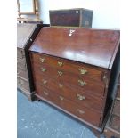 A GEORGE III MAHOGANY BUREAU, THE FALL ABOVE FOUR GRADED LONG DRAWERS AND BRACKET FEET. W 98 x D