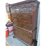 A 19th C. MAHOGANY CHEST ON CHEST, THE FLUTED CORNICE INTERSPACED WITH FIVE ROSETTES, THE