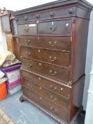 A 19th C. MAHOGANY CHEST ON CHEST, THE FLUTED CORNICE INTERSPACED WITH FIVE ROSETTES, THE